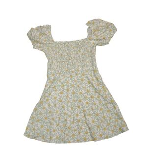 Zara Womens Linen Blend Babydoll Smocked Mini Daisy Floral Dress Sz XS Green